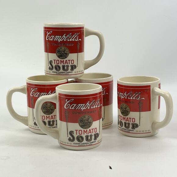 Set Of 5 Campbell’s Tomato Soup Ceramic Mugs Vintage Retro Diner Style USA Made